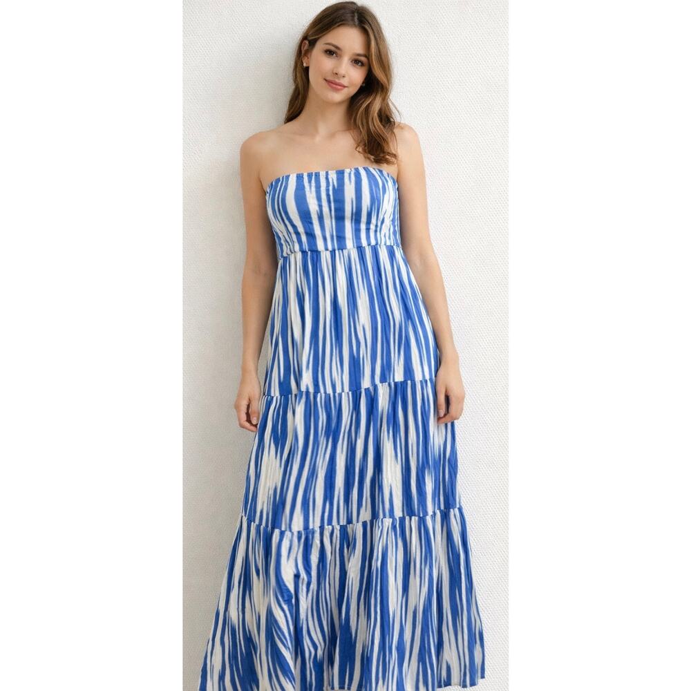 Velvet‎ Maxi Strapless Blue Summer Dress Size 6 Tiered Relaxed Skirt Beachy